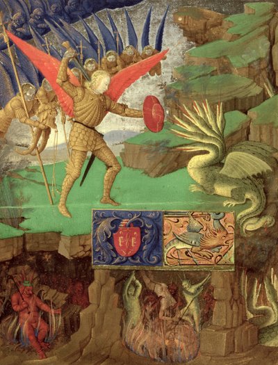 St. Michael Slaying the Dragon (tempera på panel) af Italian School